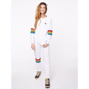 Aviator Nation Womens Rainbow Stitch Sleeve Crew Sweatshirt in White, Size Small